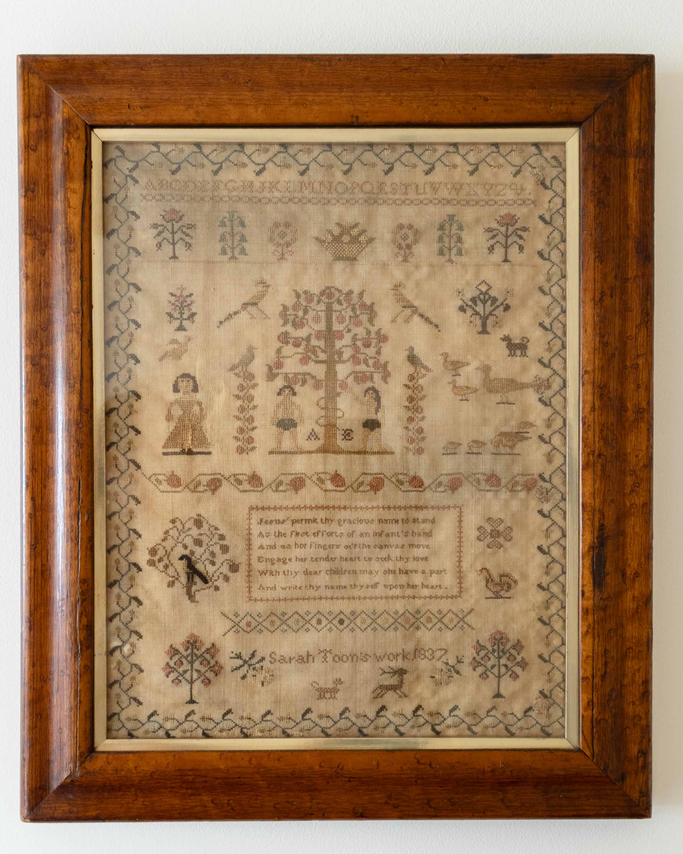 Framed sampler with intricate patterns and text on a white background