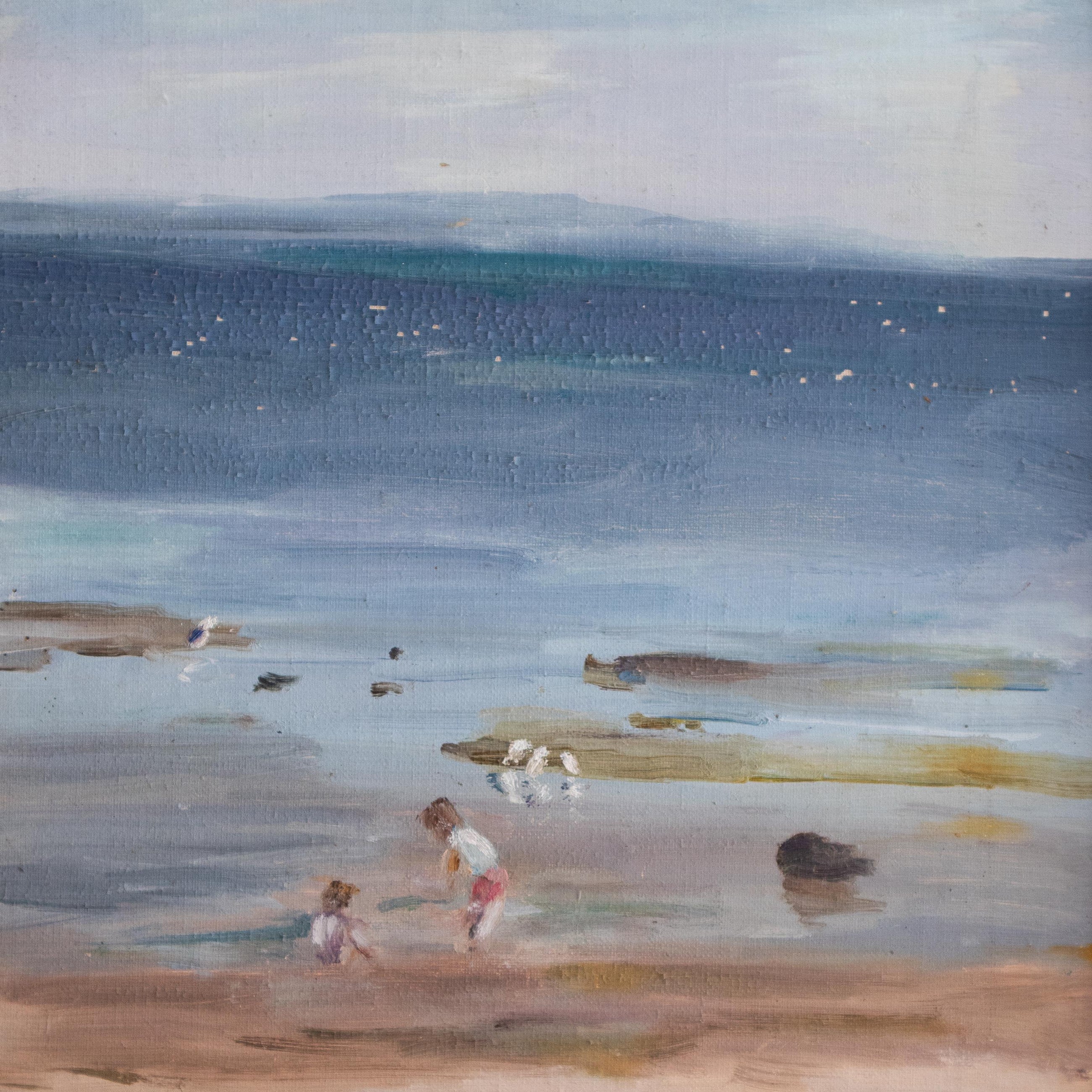 Painting of a beach scene with children playing along the shore.