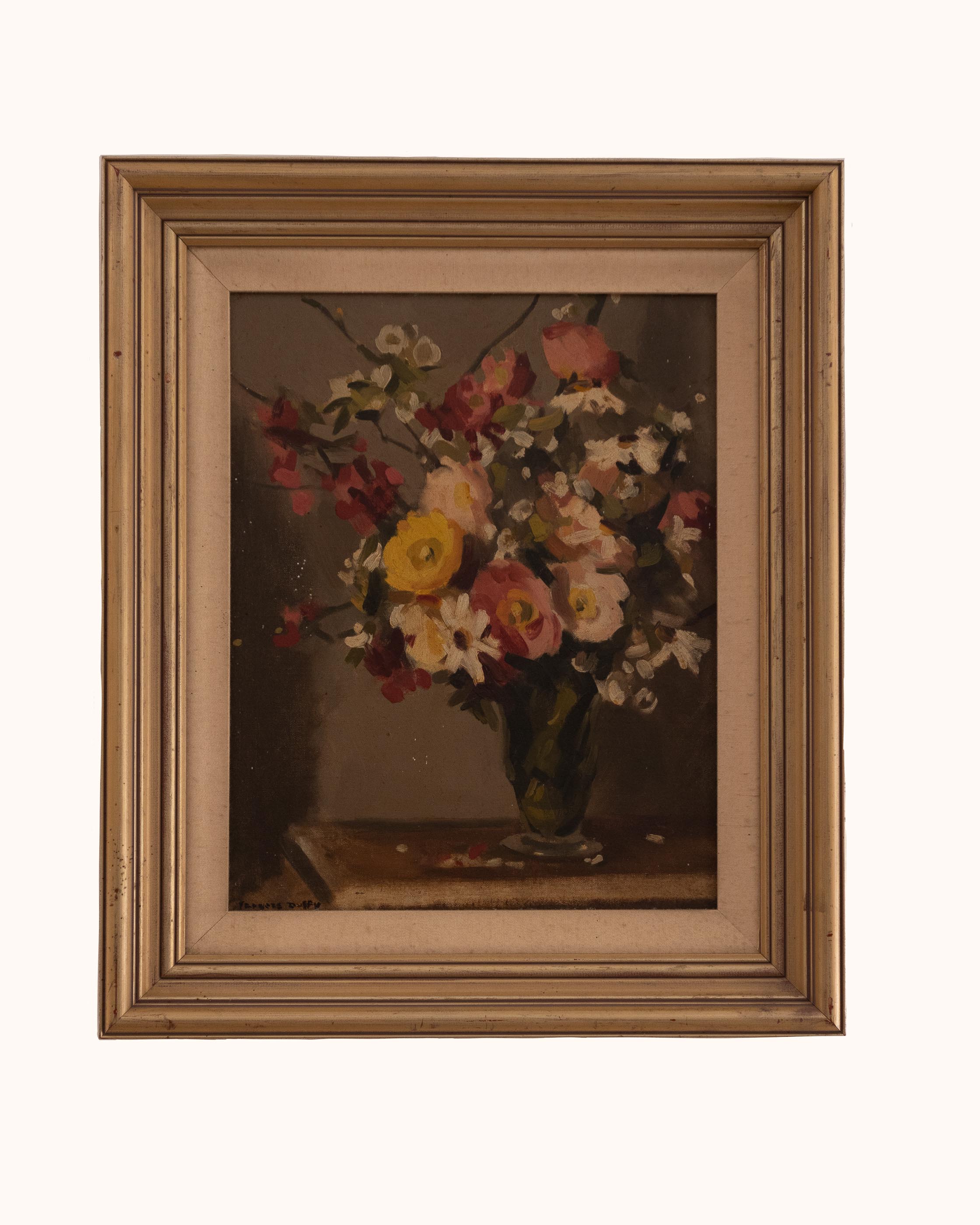 Framed still life painting of flowers with a brown frame on a white background