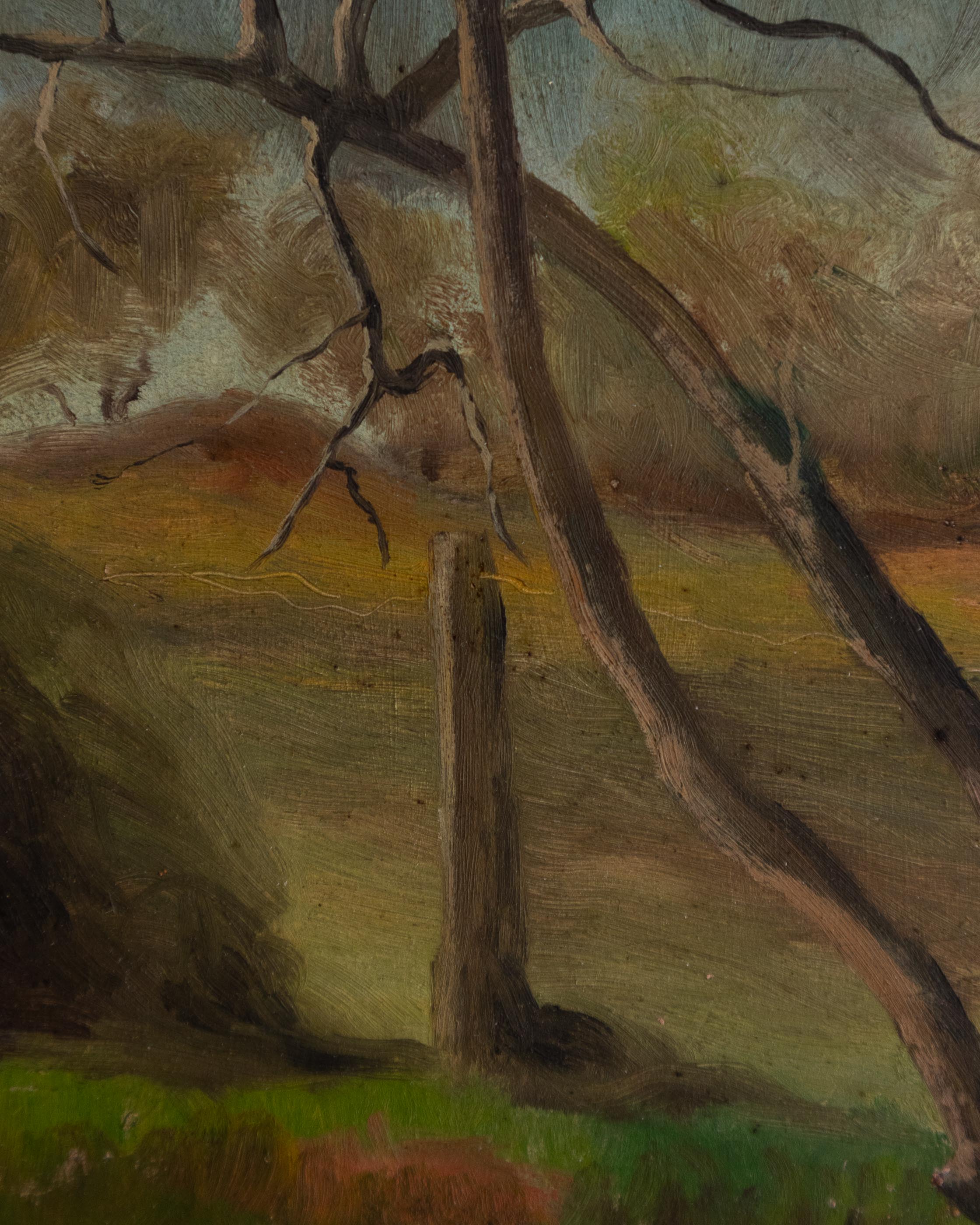 Painting of a tree with a landscape background