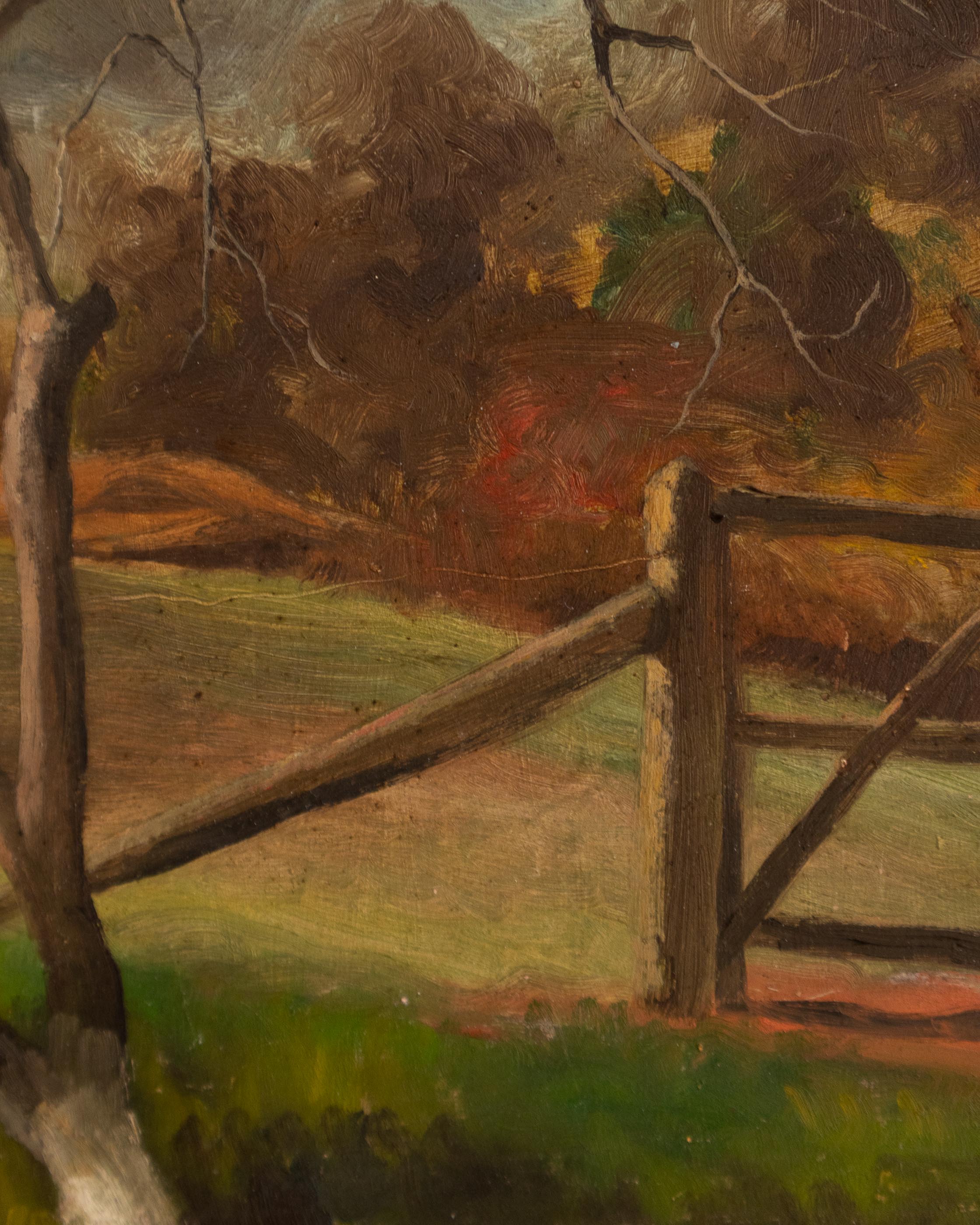 Painting of a landscape with a wooden fence and trees
