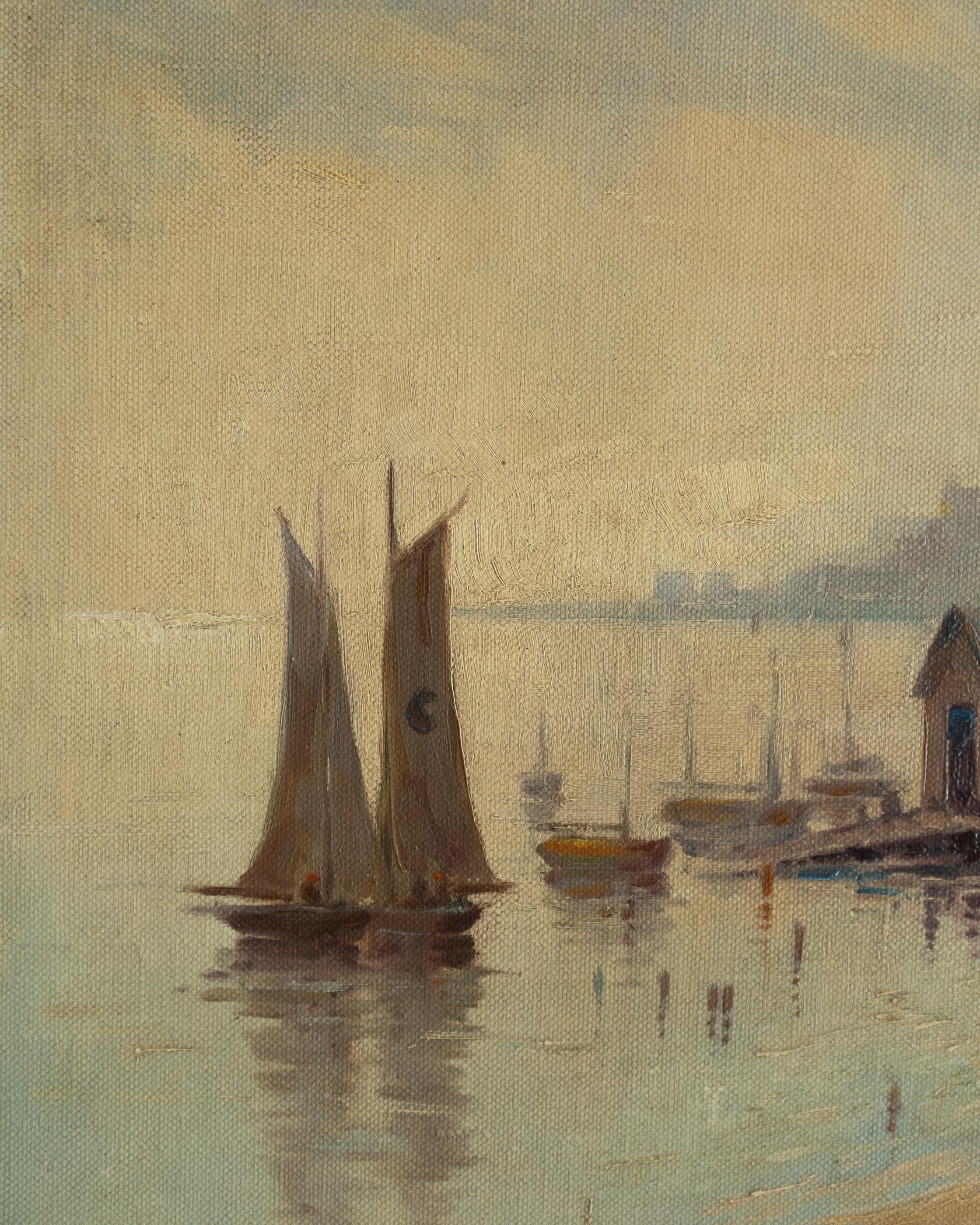 Painting of sailboats on a calm body of water with a city skyline in the background.