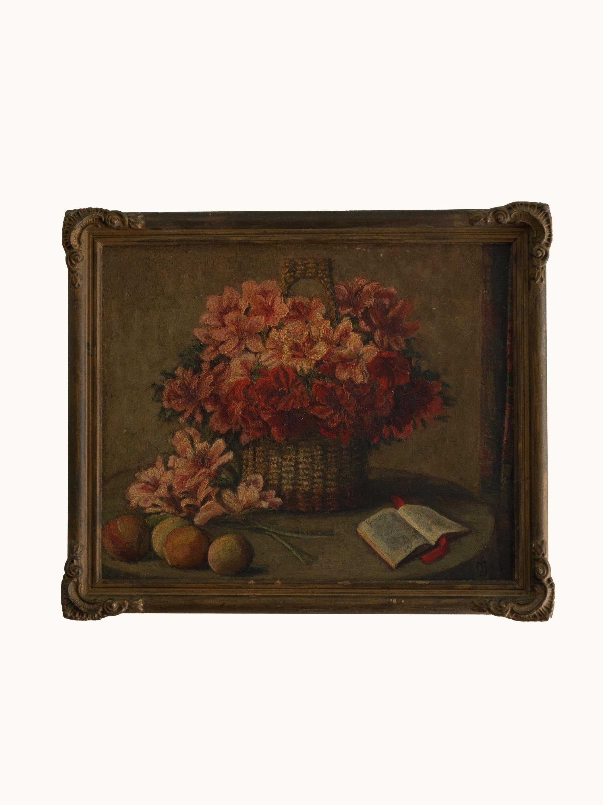 Vintage still life painting with flowers, fruits, and a book in a decorative frame.