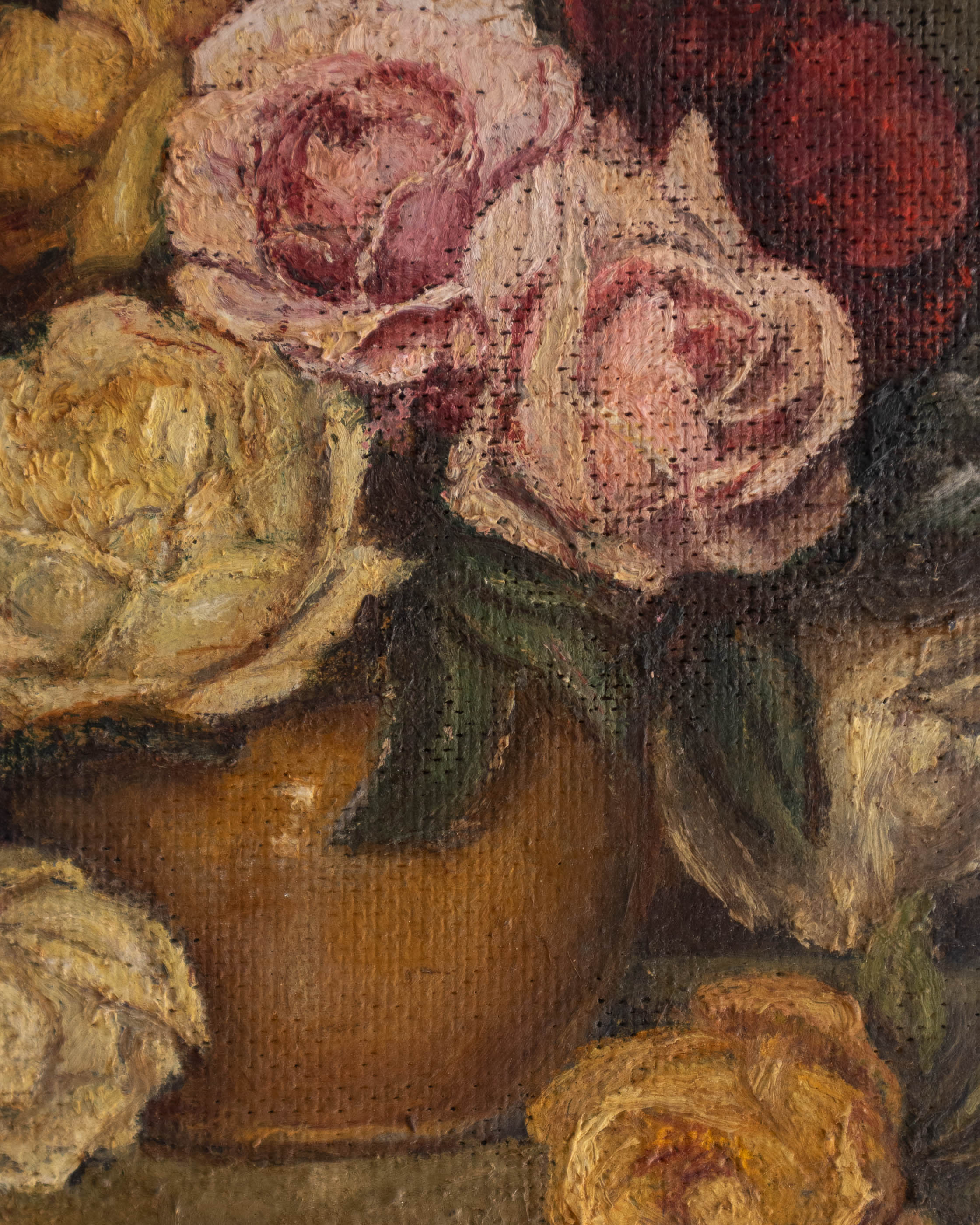 Close-up of a still life painting with flowers and a vase.