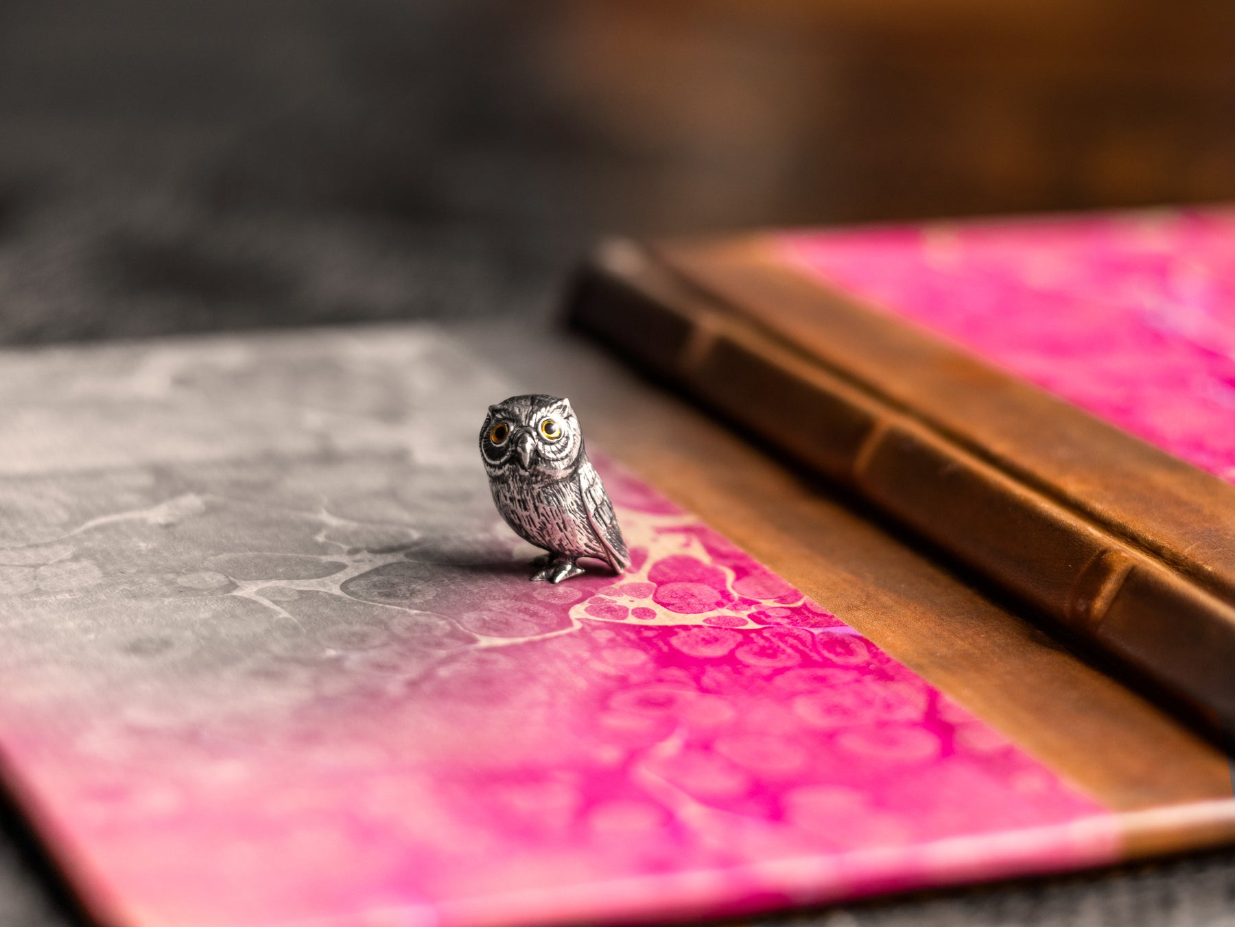 Silver owl on pink book cover with black and white background