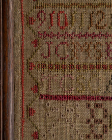Close-up of a cross-stitched design with numbers and letters on fabric.