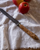 Carved wooden-handled knife on a white cloth with apples in the background