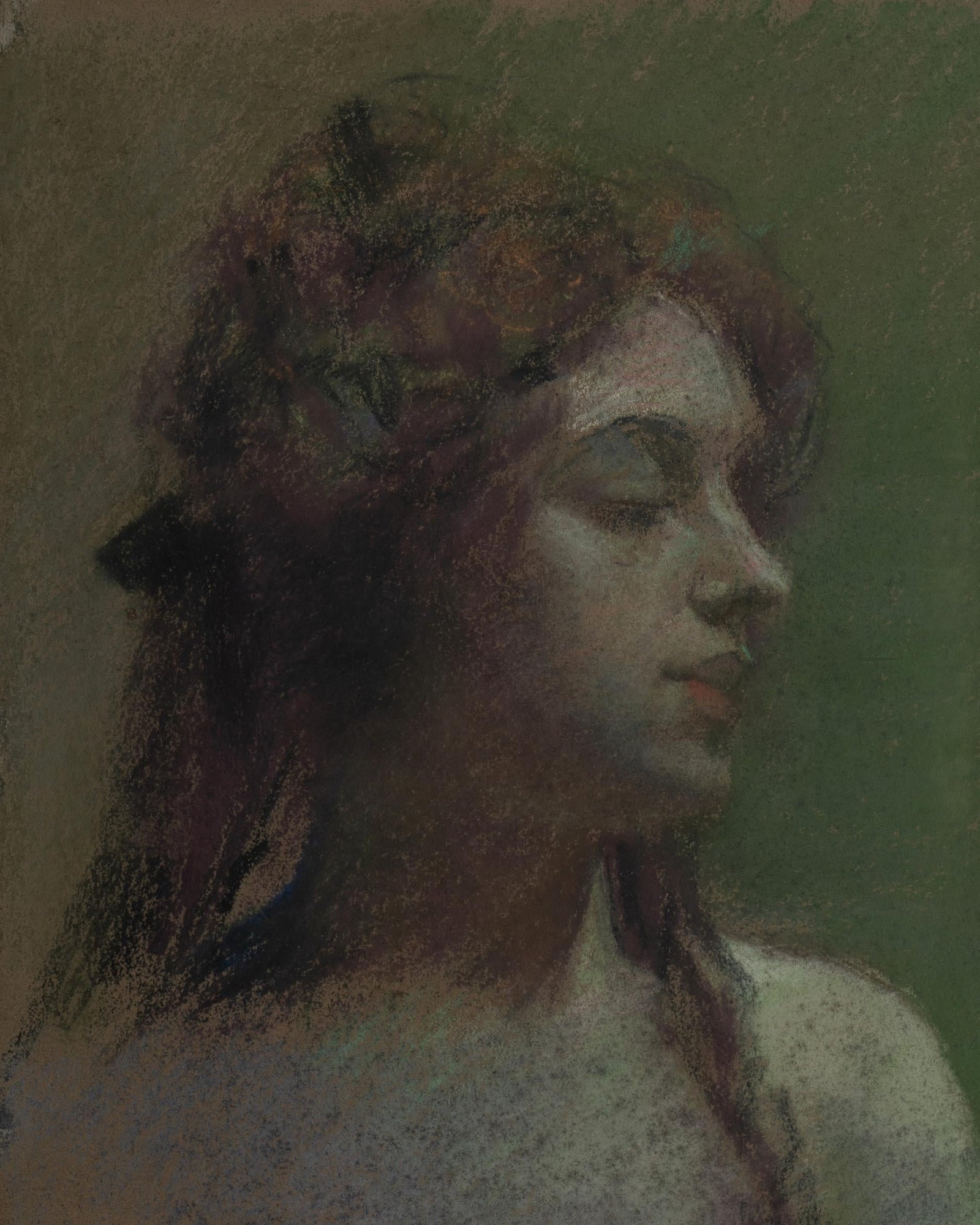 Painting of a woman in profile with red hair on a green background