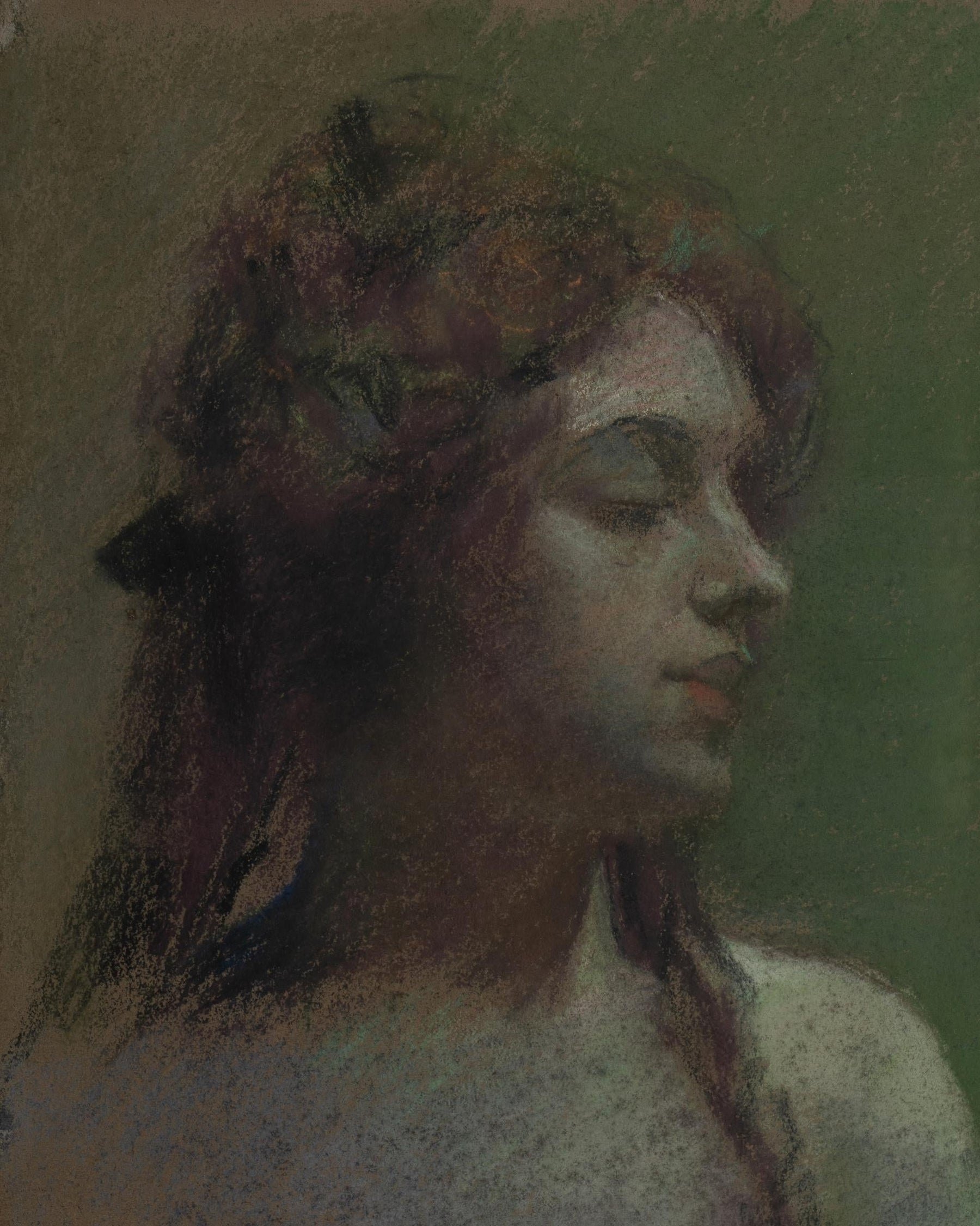 Painting of a woman in profile with red hair on a green background