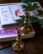 Brass candlestick holders on a stack of books with leaves