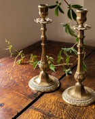 Two ornate brass candlesticks on a wooden surface with green leaves in the background.