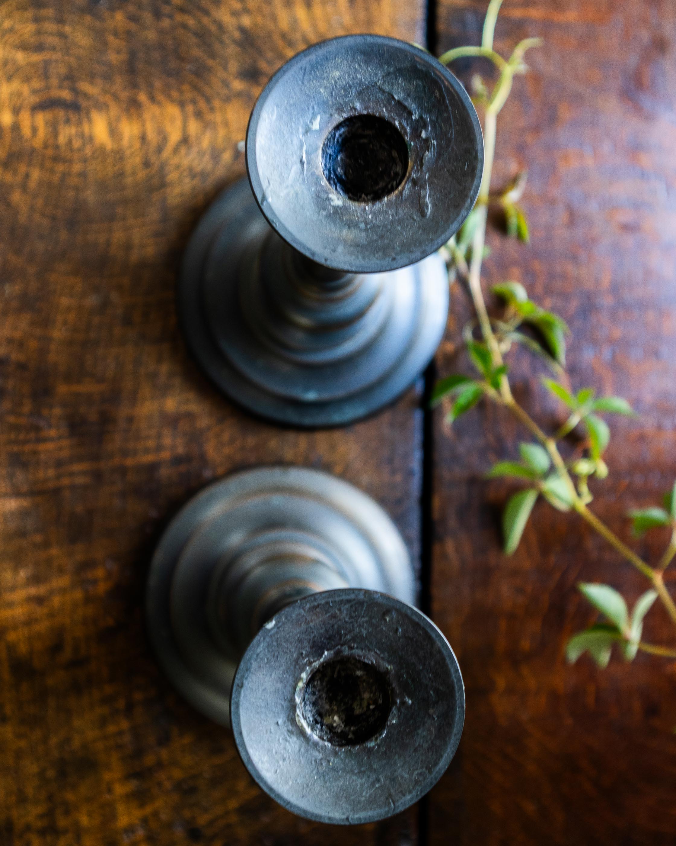Two dark candle holders on a wooden surface with a plant stem.