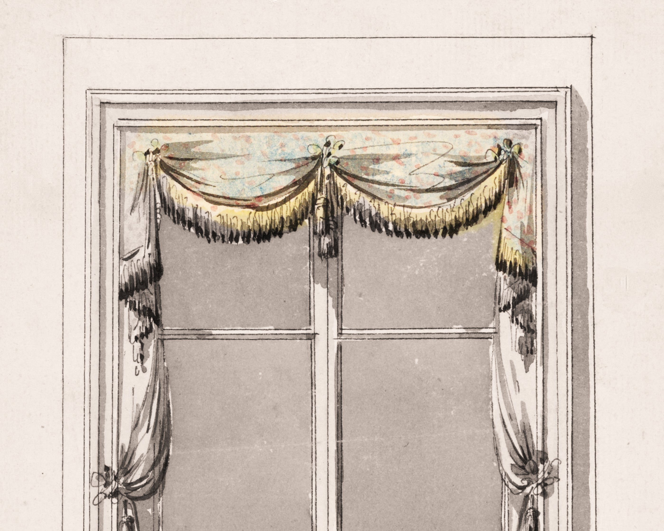 Decorative Georgian window treatment with a swag and drapes on a plain background