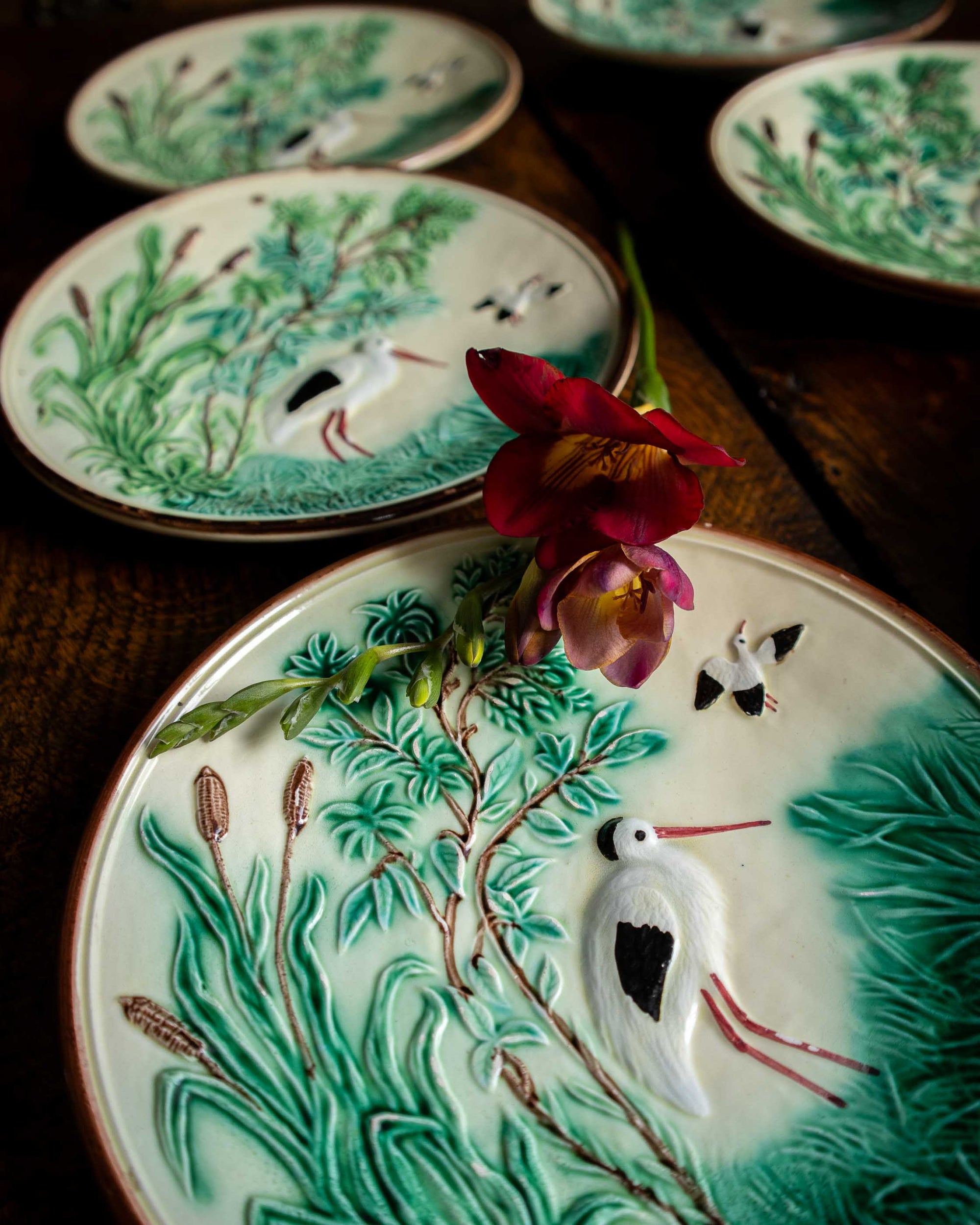 Decorative ceramic plates with nature-themed designs on a wooden surface.
