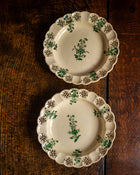 Two ceramic plates with green floral patterns on a wooden surface