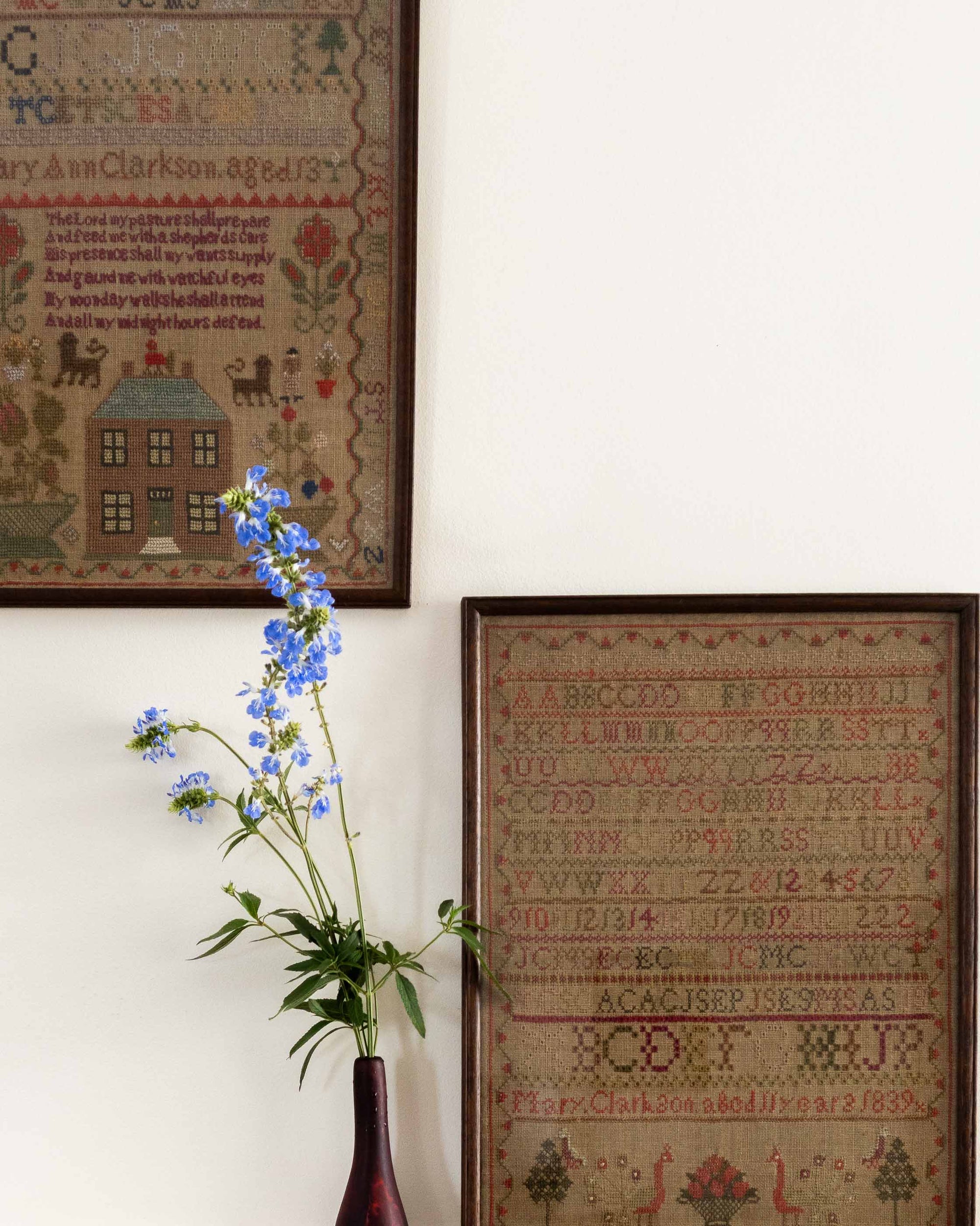 Framed cross-stitched sampler artworks on a wall with a vase of blue flowers.
