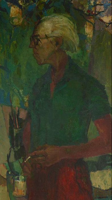 Painting of a man with white hair and glasses wearing a green shirt and red pants on a green background
