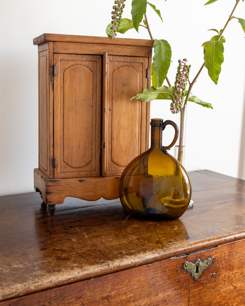 Antique cabinet with a antique bottle and plant on a wooden surface.