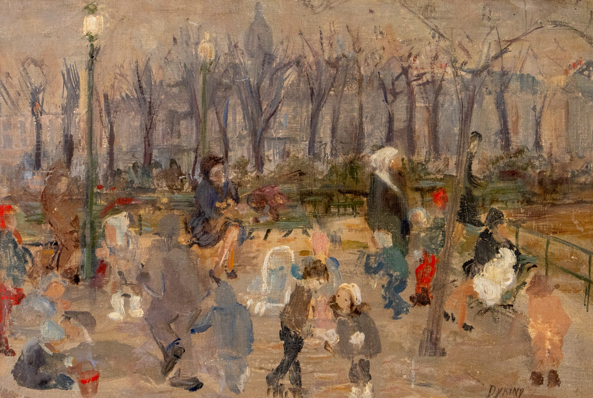 Painting of a park scene with people sitting and walking, trees, and street lamps.