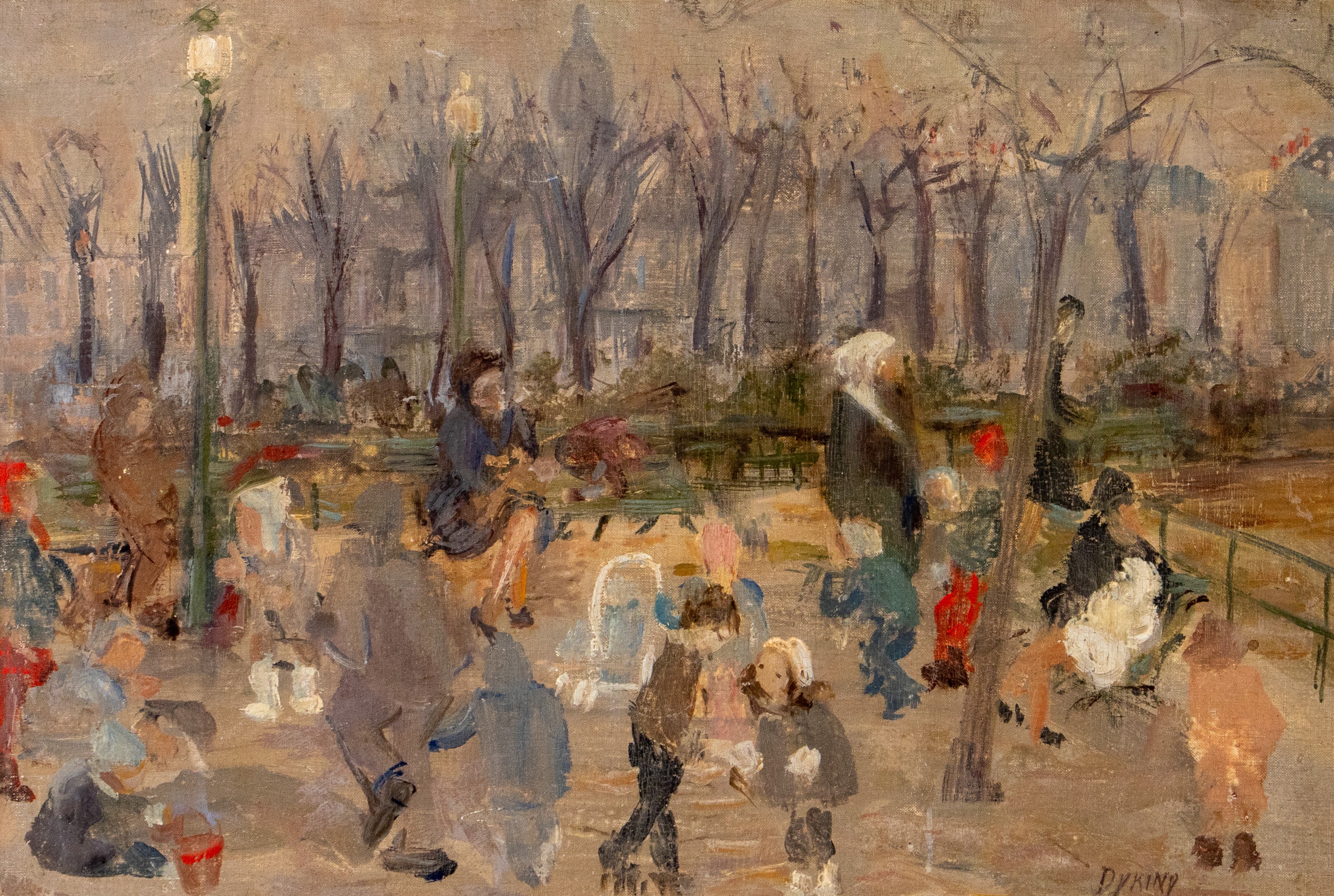 Painting of a park scene with people sitting and walking, trees, and street lamps.
