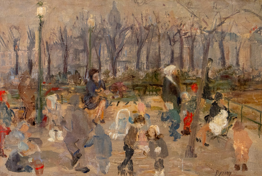 Painting of a park scene with people sitting and walking, trees, and street lamps.