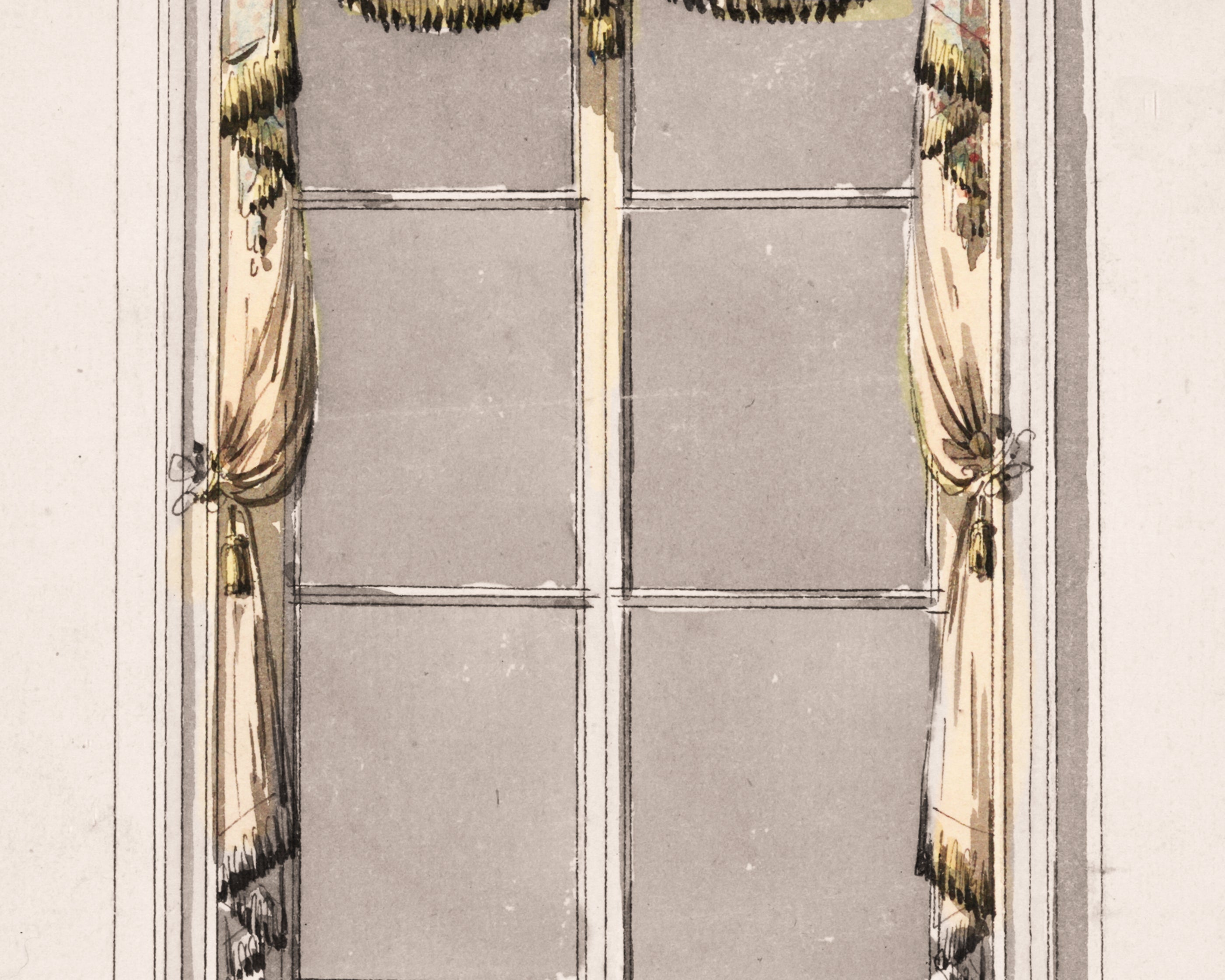 Illustration of a Georgian window with curtains and a gray wall background