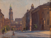 Painting of a city street with tall buildings and people walking.