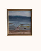Framed painting of a beach scene with children and seagulls.
