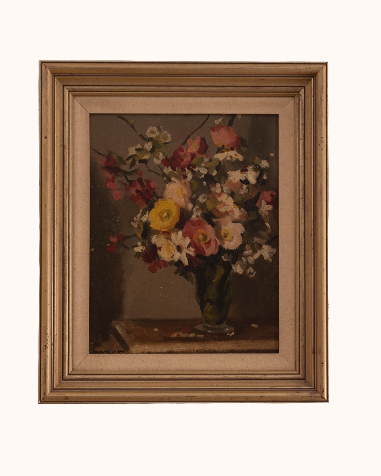 Framed still life painting of flowers with a brown frame on a white background