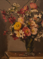 Still life painting of flowers in a vase on a dark background