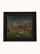 Framed painting of a landscape with a gate and trees on a white background