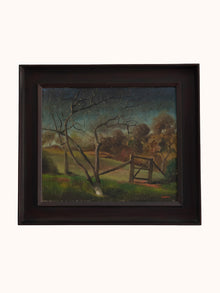 Framed painting of a landscape with a gate and trees on a white background