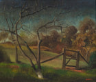 Landscape painting with a tree, fence, and distant hills under a blue sky.