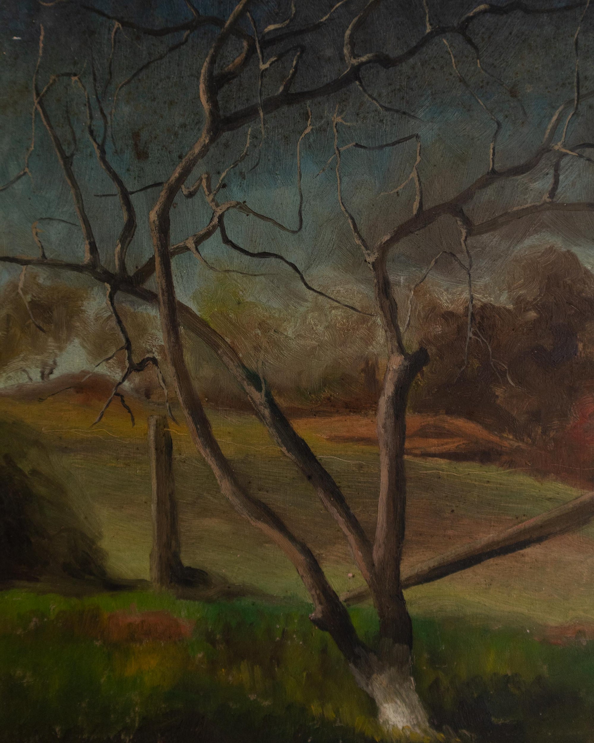 Painting of a landscape with bare trees and a distant view.