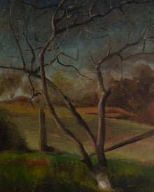 Painting of a landscape with bare trees and a distant view.