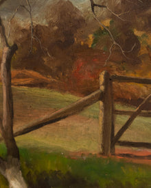 Painting of a landscape with a wooden fence and trees
