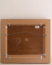 Back of a wooden frame with metal brackets and numbers on a beige background