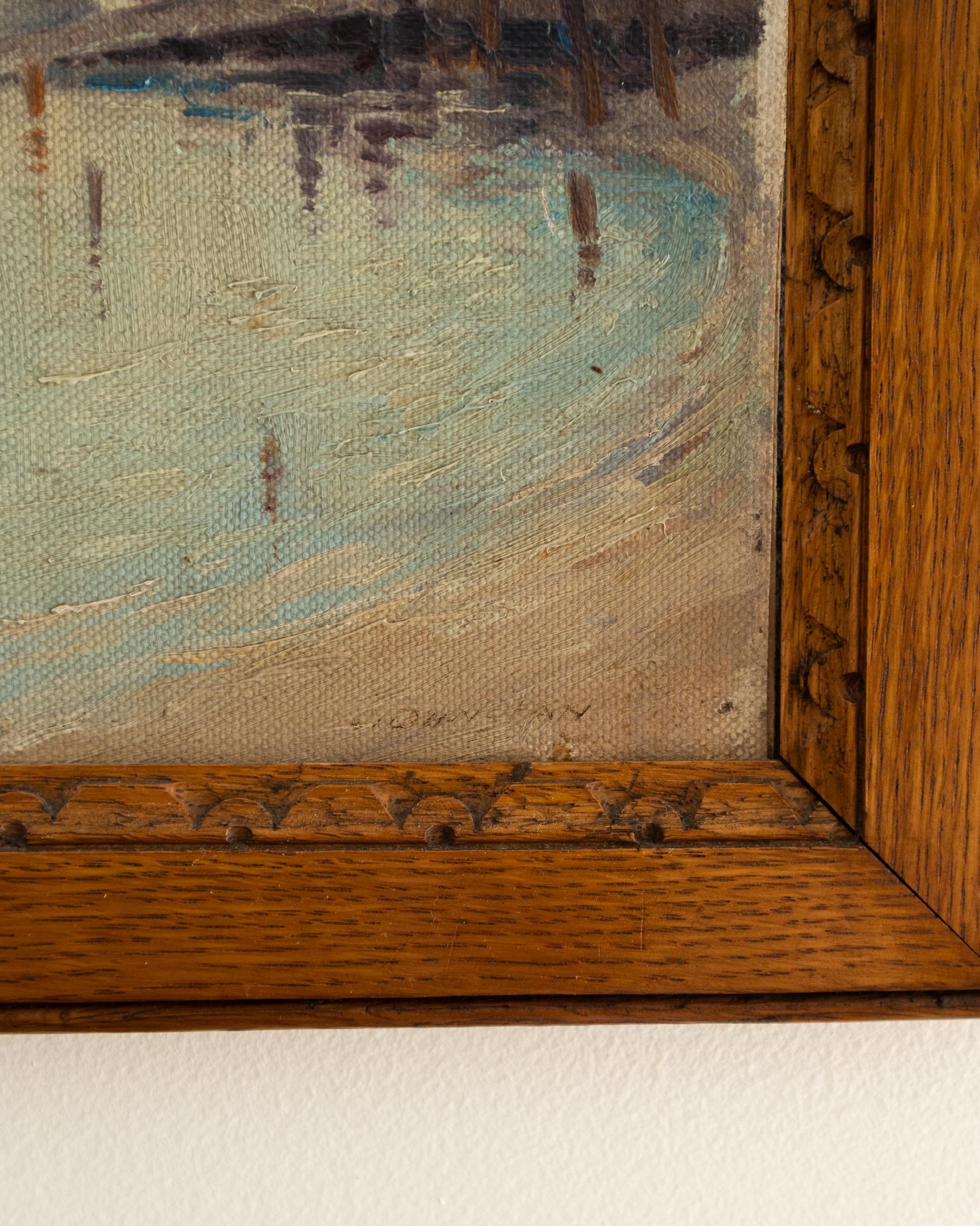 Close-up of a painting with a wooden frame