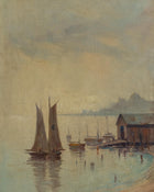 Painting of sailboats on a body of water with a dock and building in the background.