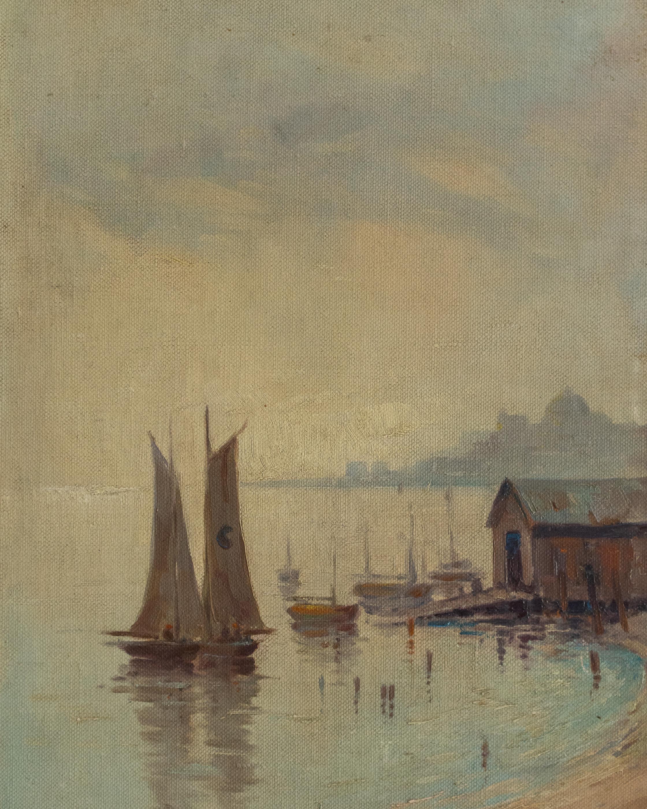 Painting of sailboats on a body of water with a dock and building in the background.