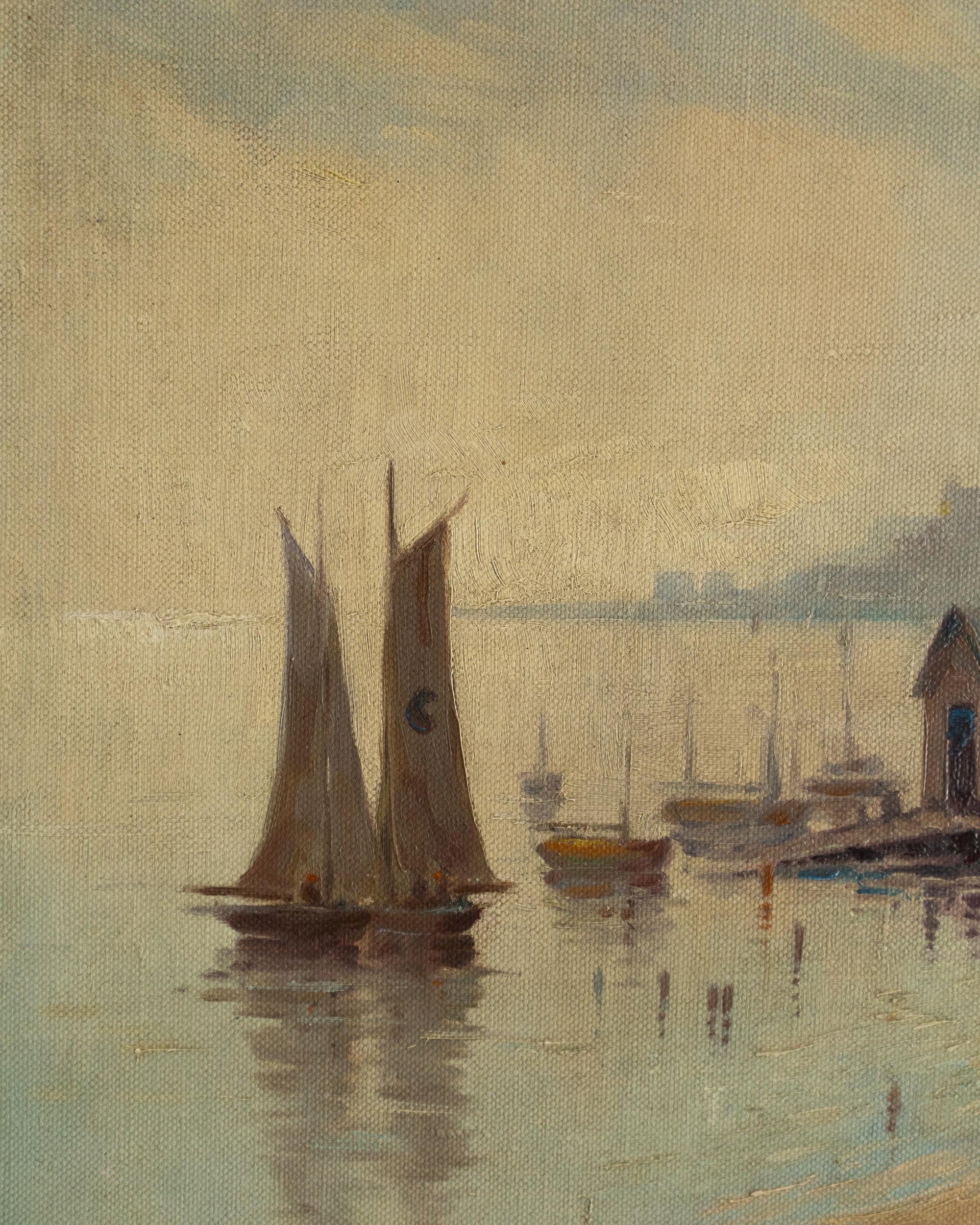 Painting of sailboats on a calm body of water with a city skyline in the background.