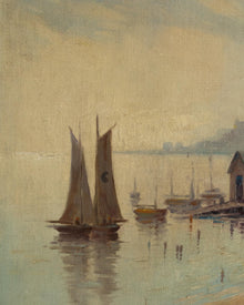 Painting of sailboats on a calm body of water with a city skyline in the background.