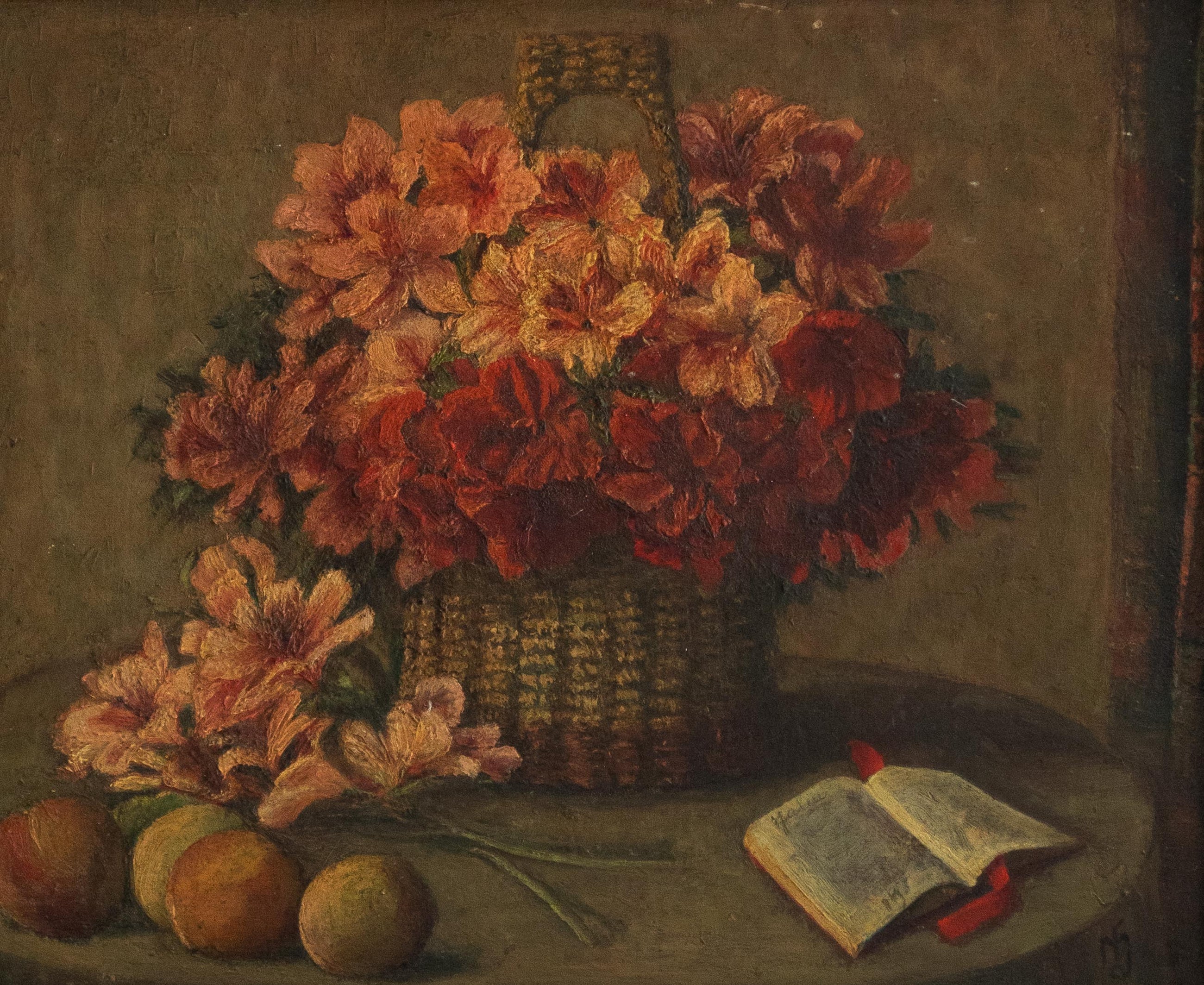 Still life painting with flowers in a basket, fruits, and an open book on a table.