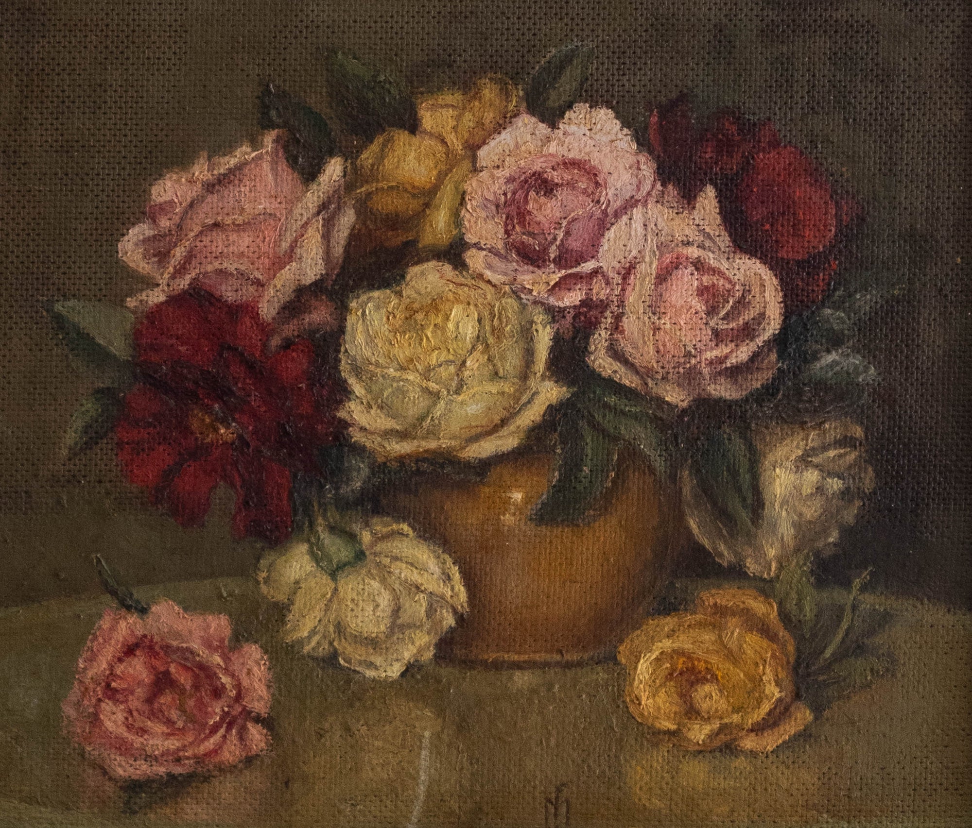 Still life painting of a bouquet of flowers in a vase on a dark background