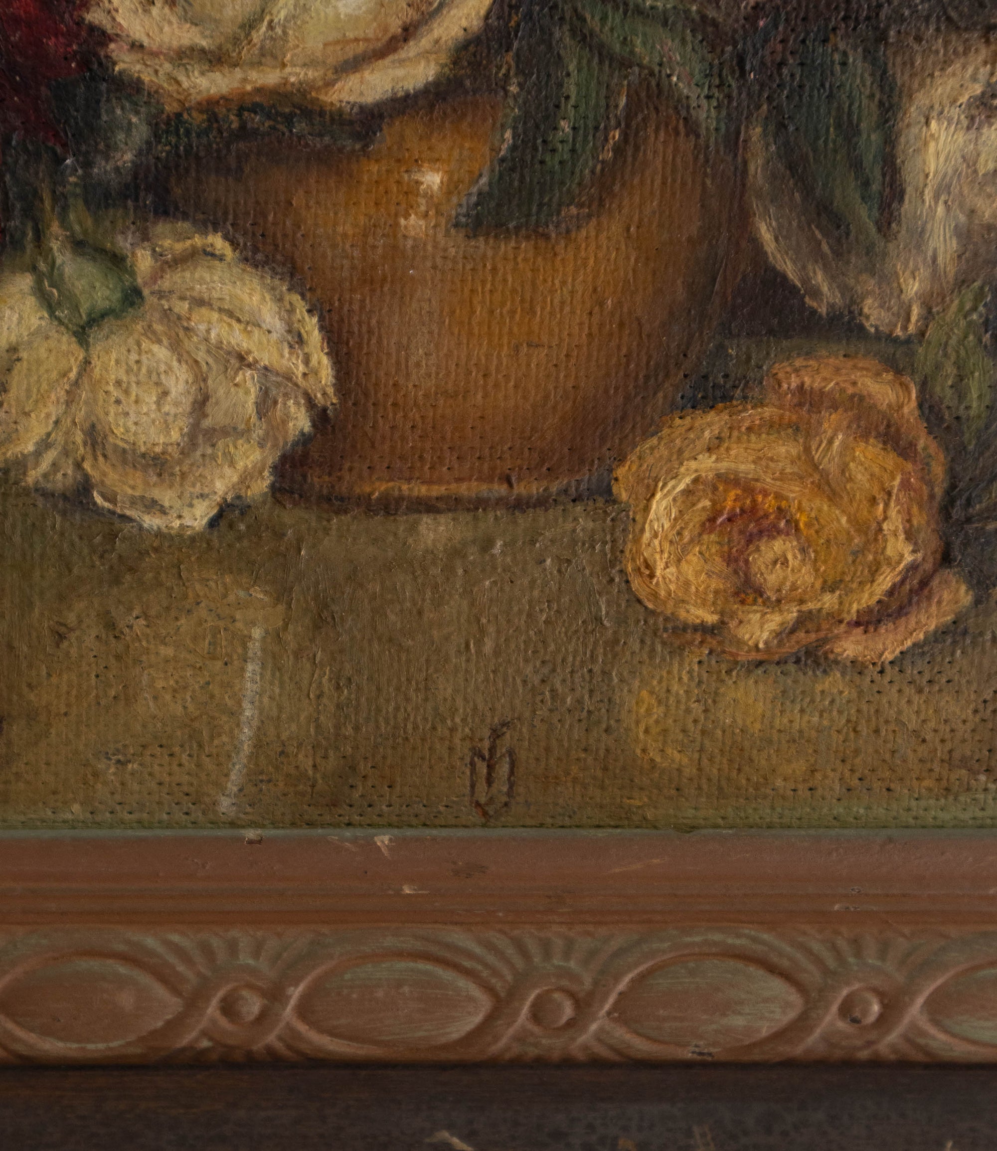 Close-up of a painting with flowers and a woven basket