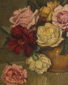 Close-up of a still life painting with flowers and a vase on a textured surface.