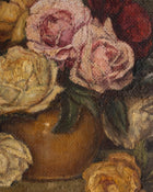 Close-up of a still life painting with flowers and a vase.
