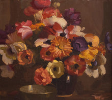 Still Life painting of flowers in a dark vase on a reflective surface with a dark background