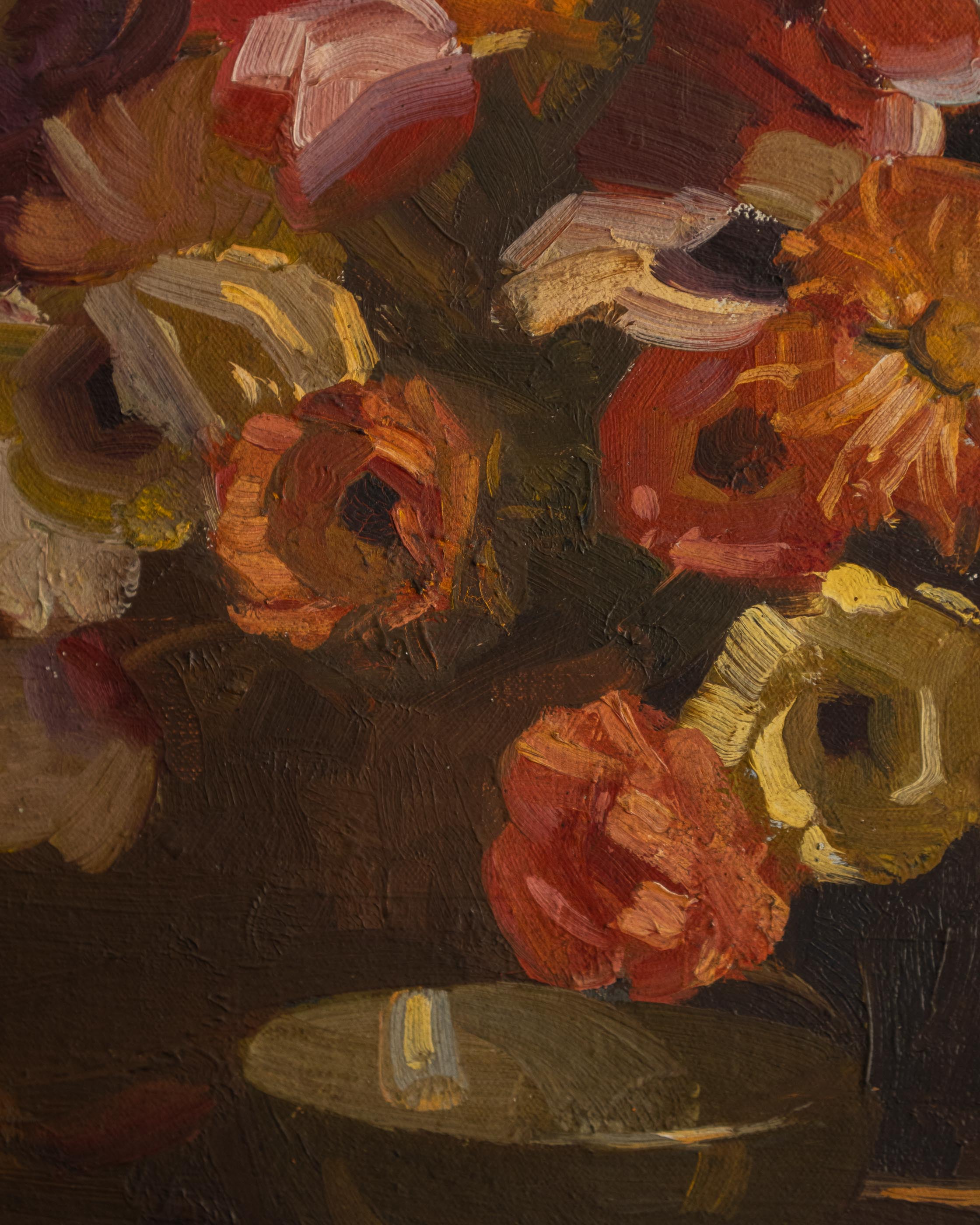 Close-up of a still life painting with flowers and a reflective surface.