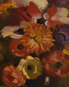 Oil painting of flowers with vibrant colors on a dark background